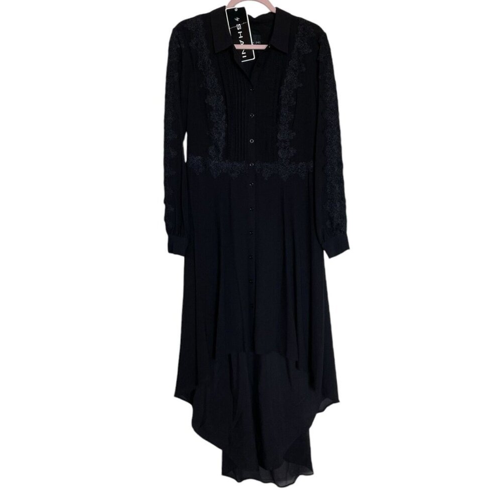 Shani Dress Womens Size 6 Black High Low Lace Pleated Long Sleeve